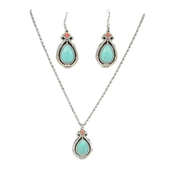 Blue and Red Rhinestone Teardrop Earrings and Necklace Set - Picture 1 of 5